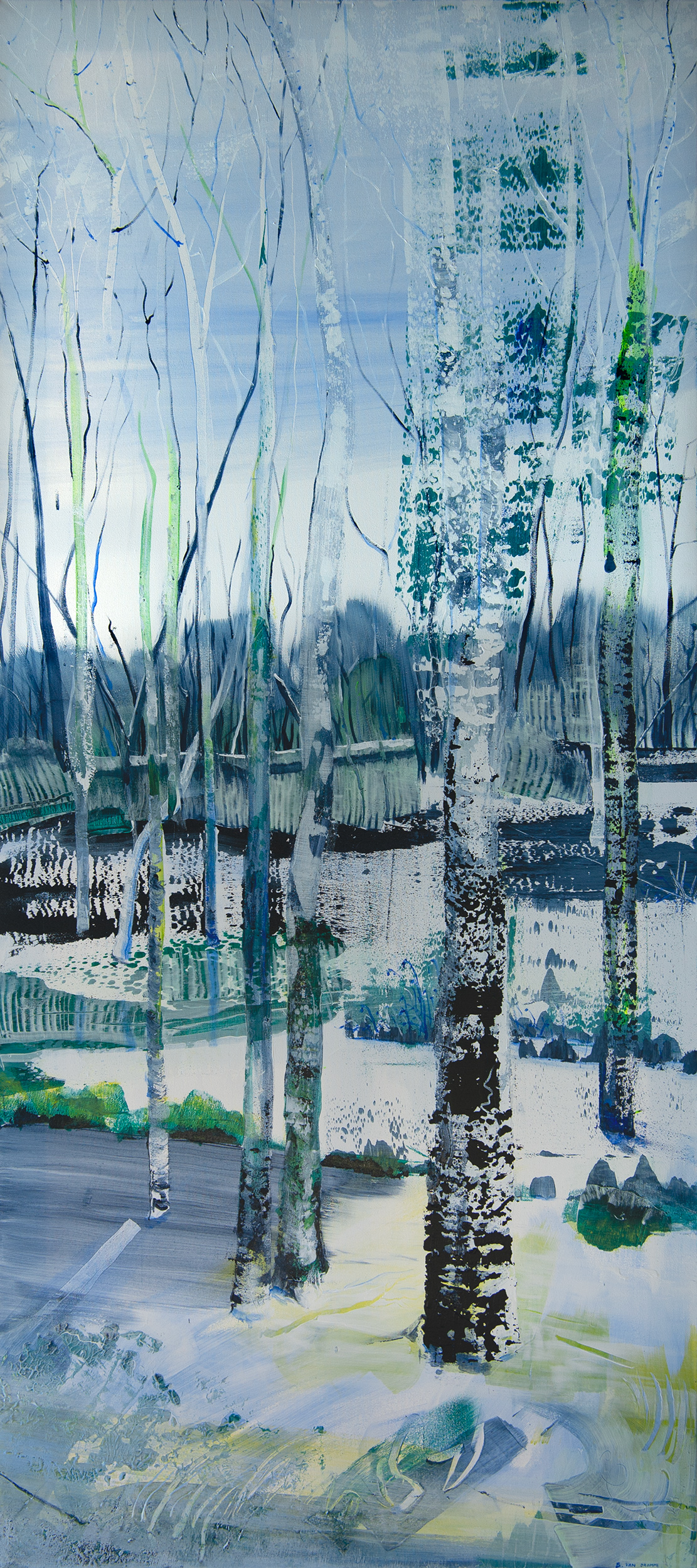 Snowy wintertime birch forest woodland landscape painting
