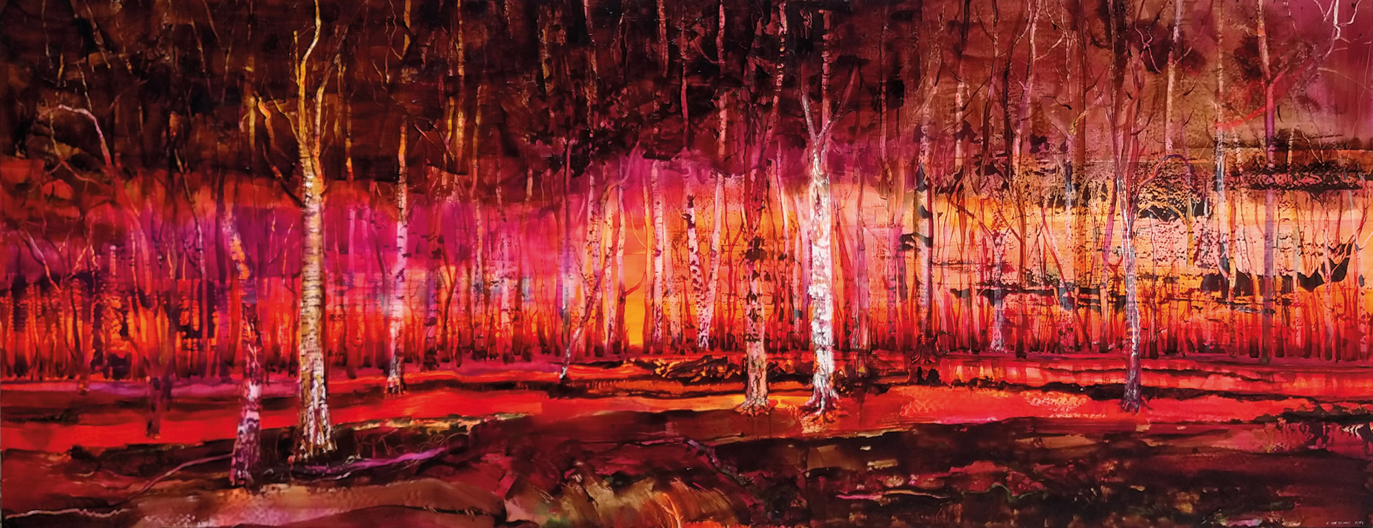 autumn birch forest woodland landscape painting with fiery colours