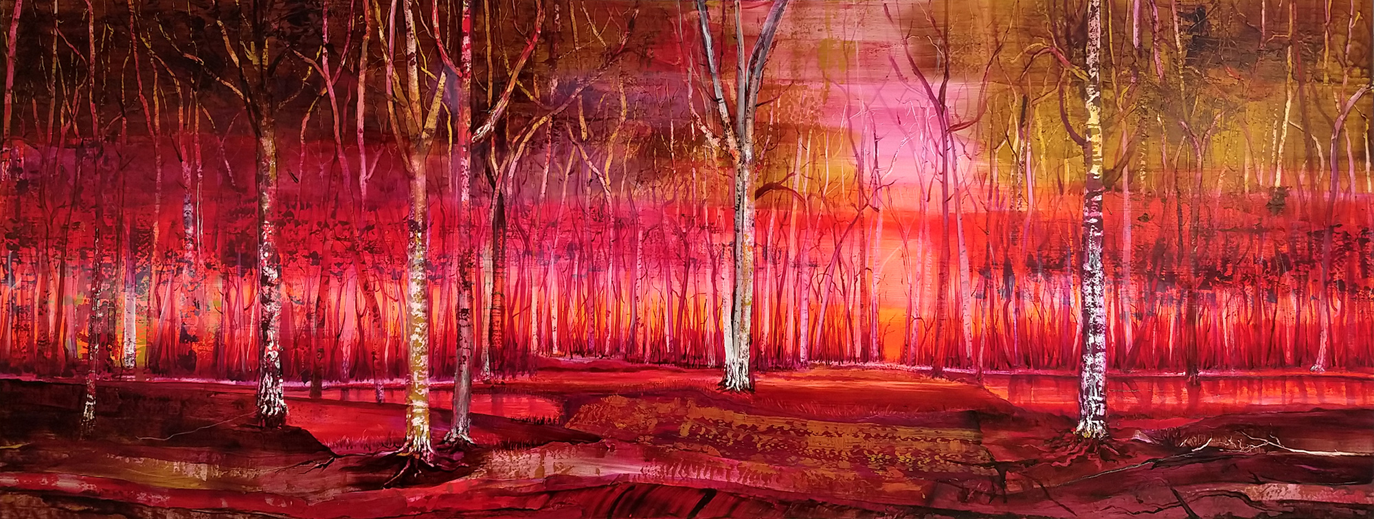 autumn birch forest woodland landscape painting with fiery colours