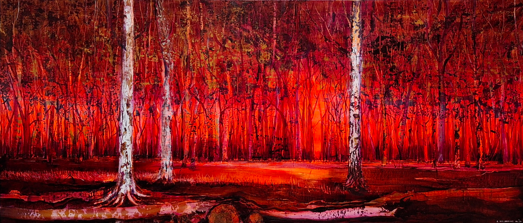 autumn birch forest woodland landscape painting with fiery colours