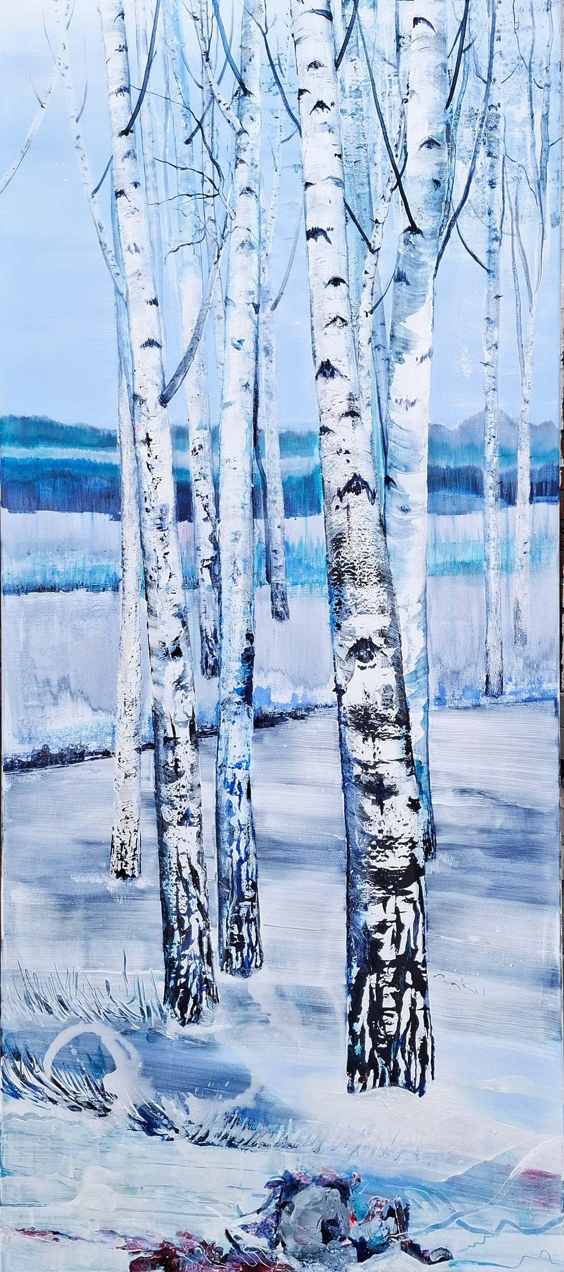 snowy wintertime birch forest painting