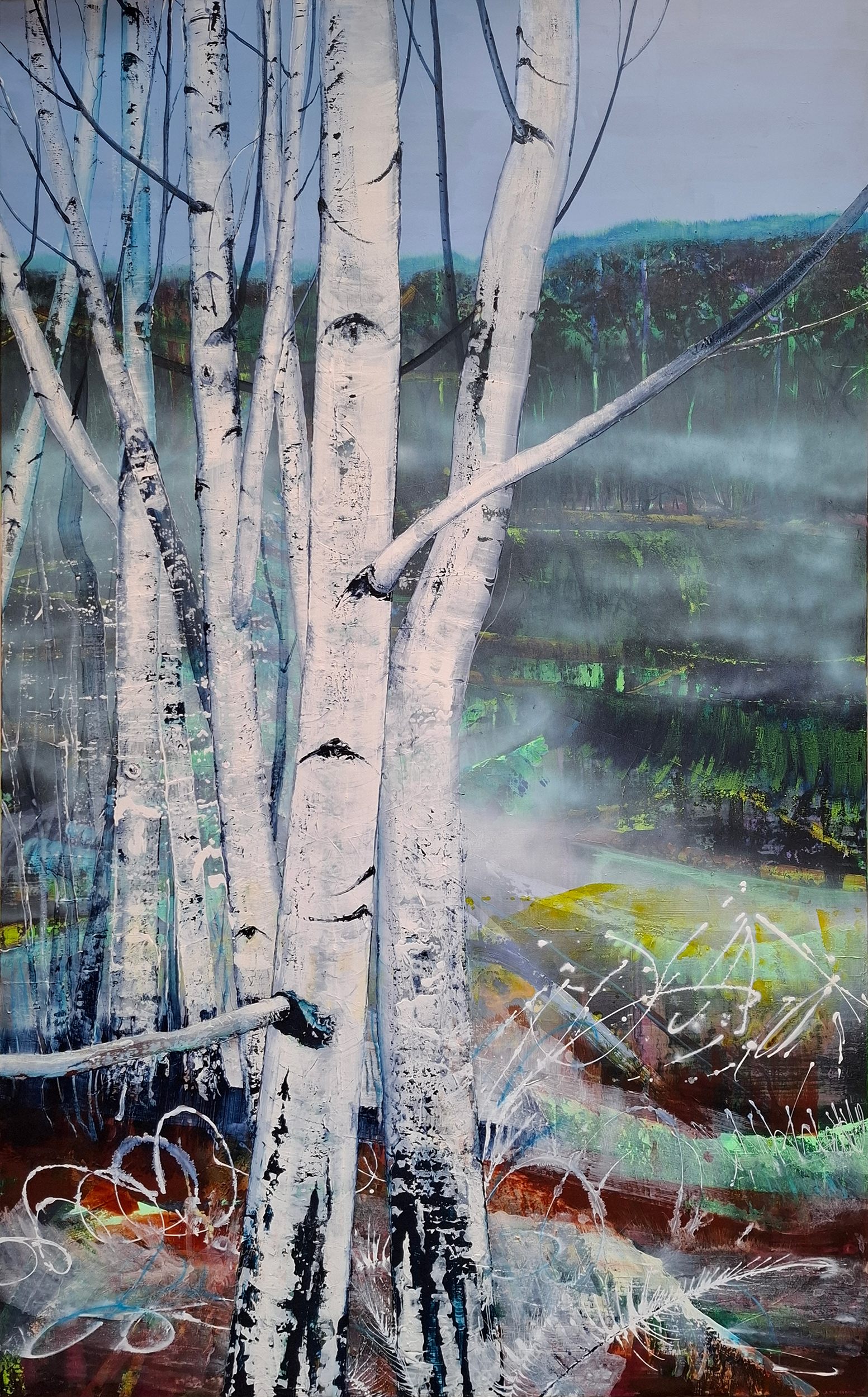misty birch forest woodland landscape painting