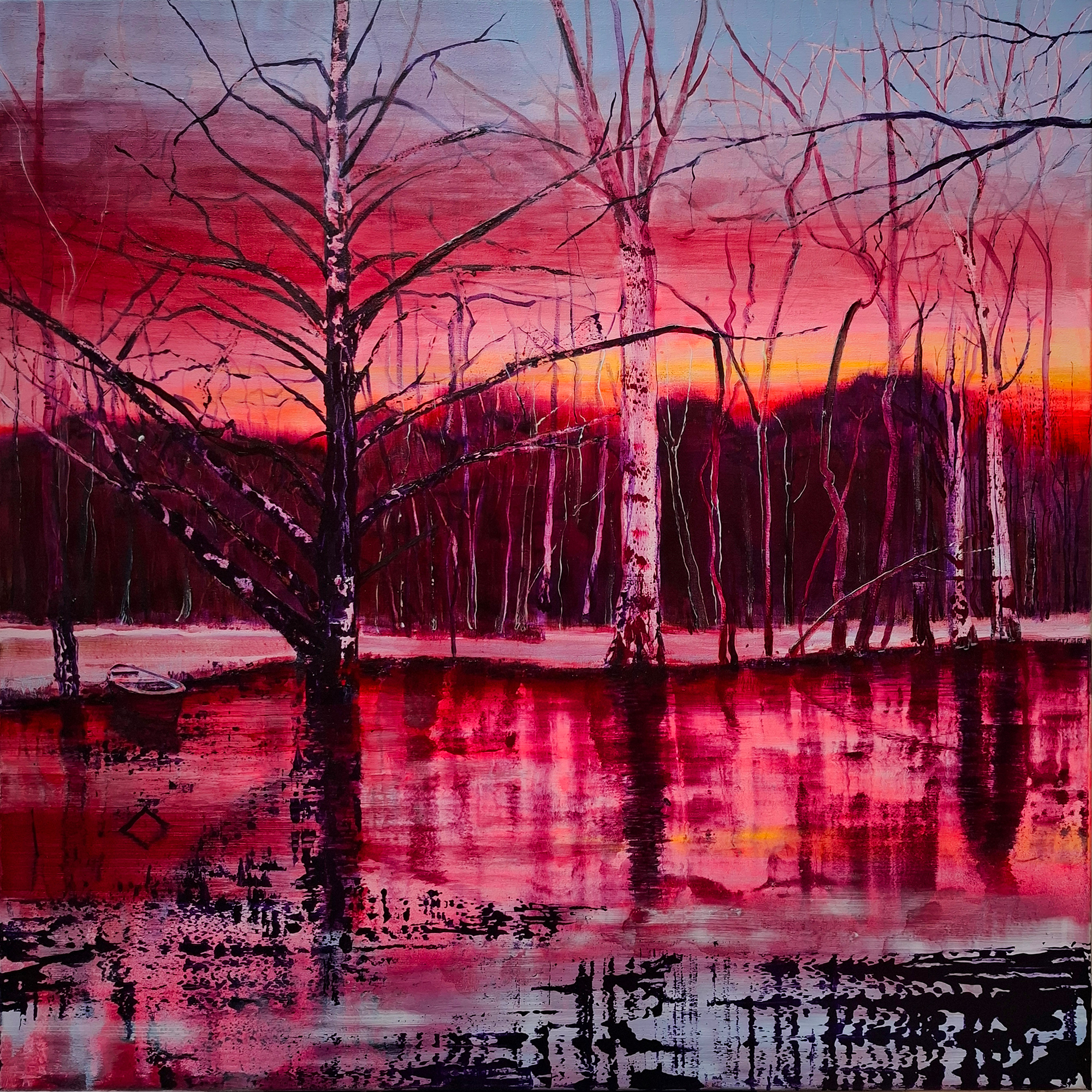 melting snow lakescape painting with sunrise colours