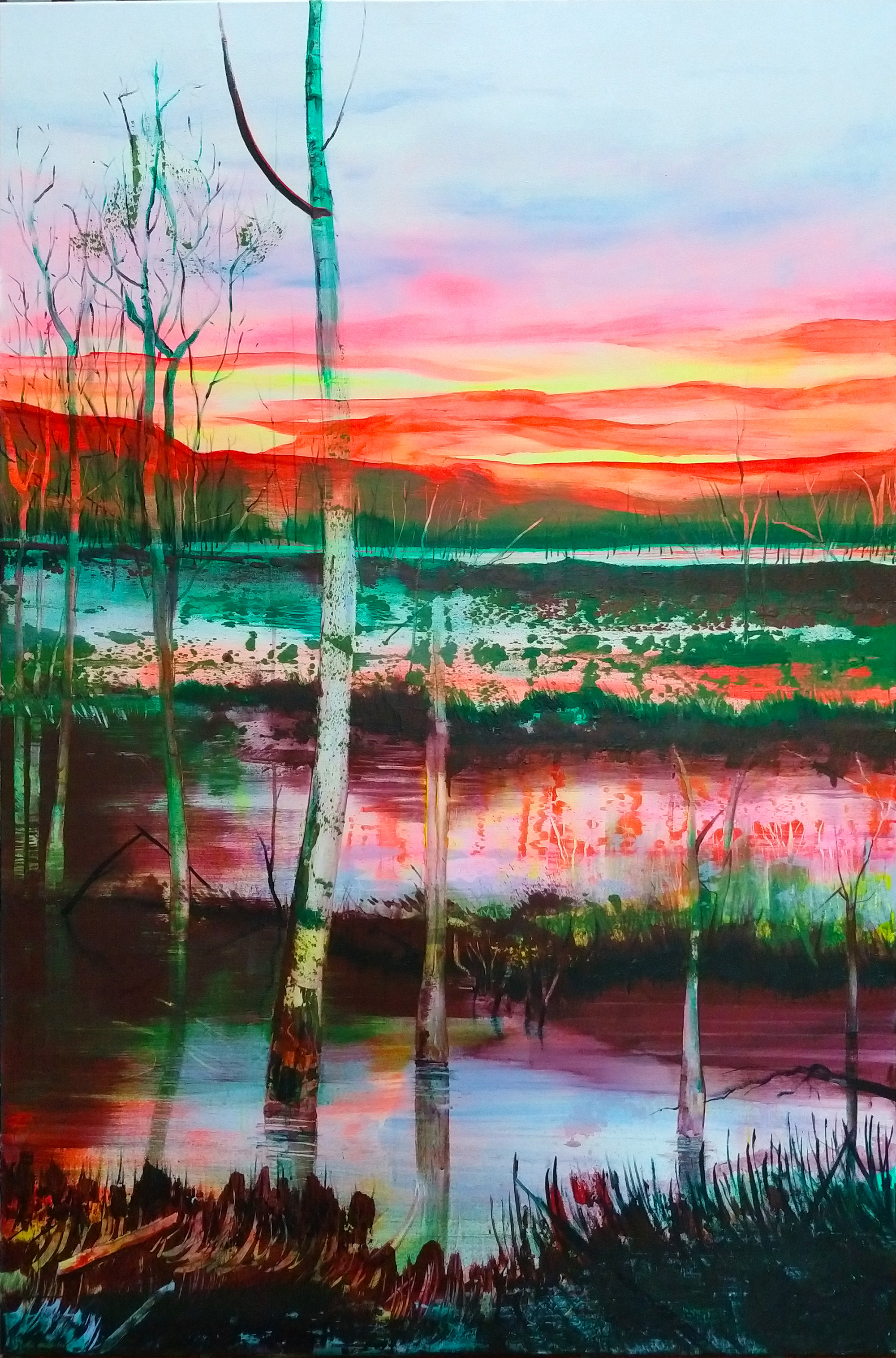 flood area lakescape painting with sunset colours