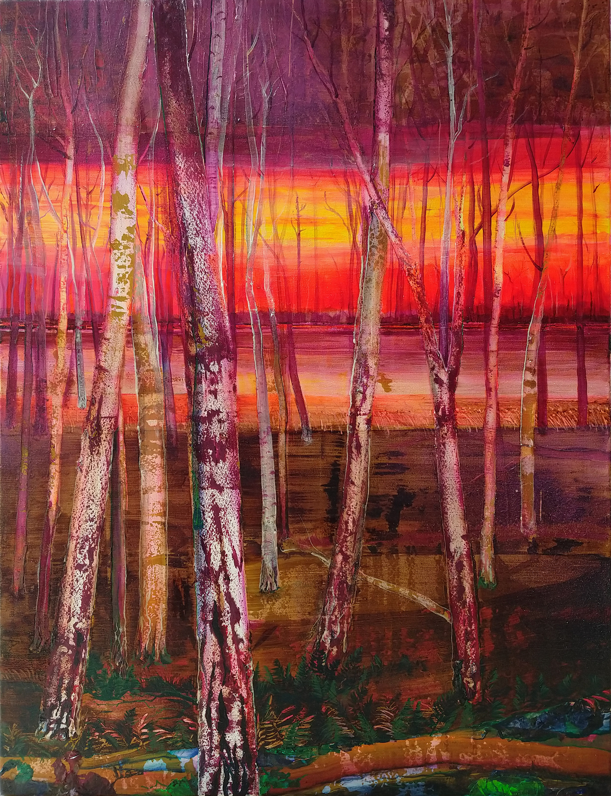 flood area lakescape painting with sunset colours