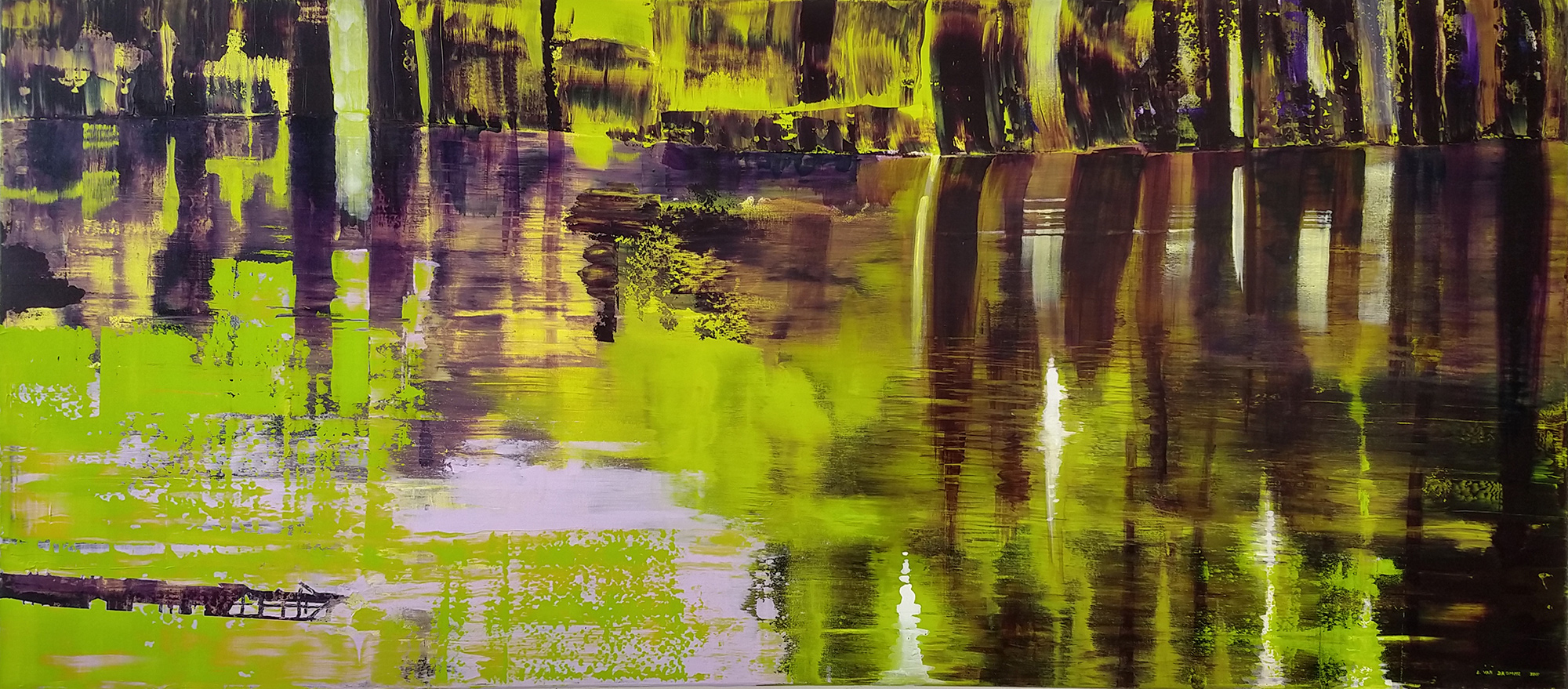 flood area lakescape painting with moss green colours