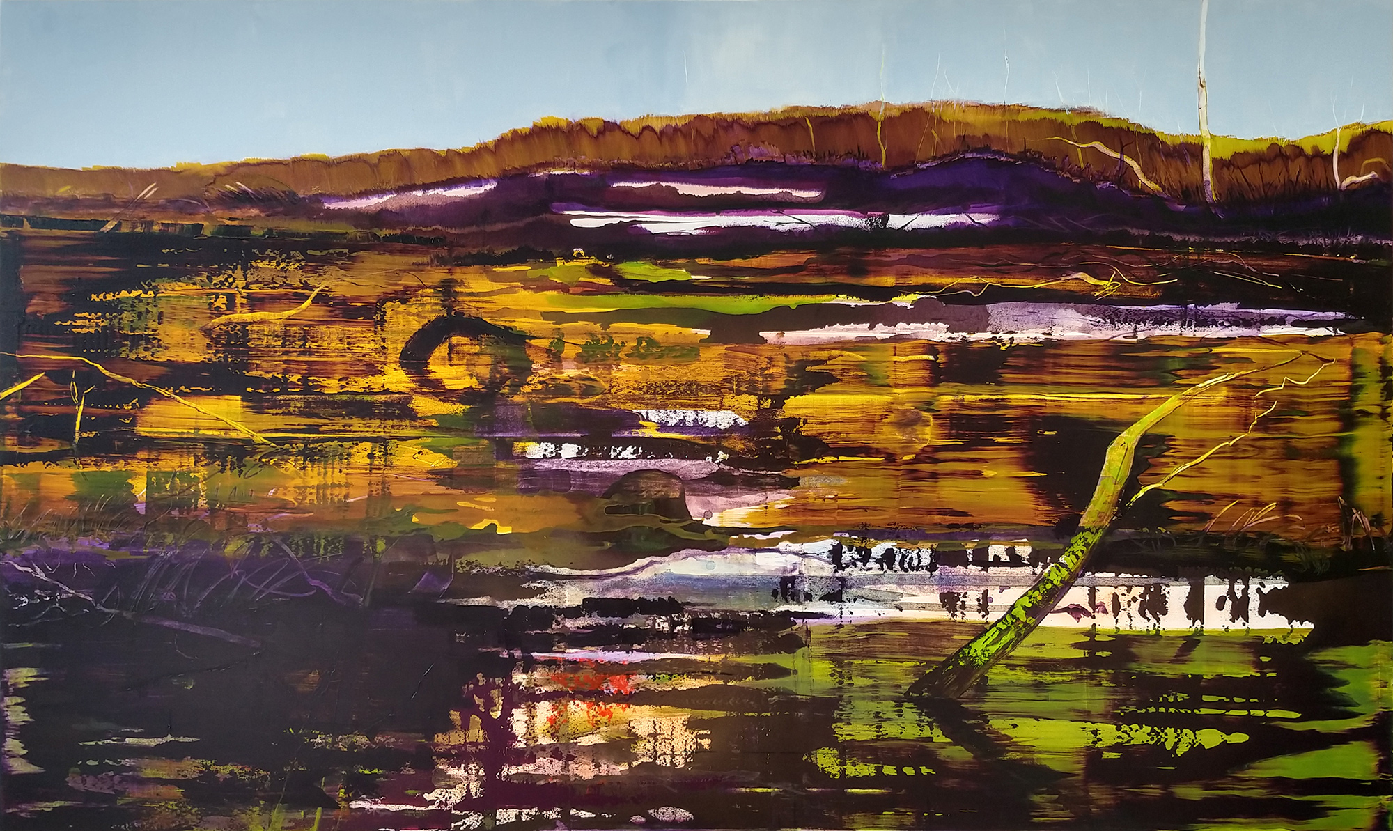 tundra lakescape painting with moss green and purple colours