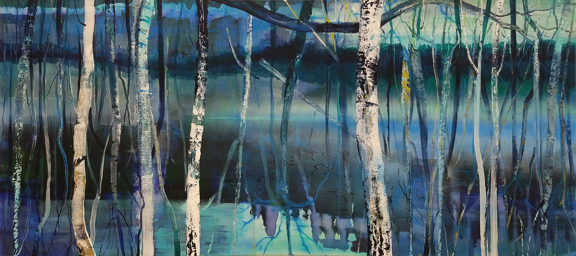misty lakescape painting with birch trees and purple colours