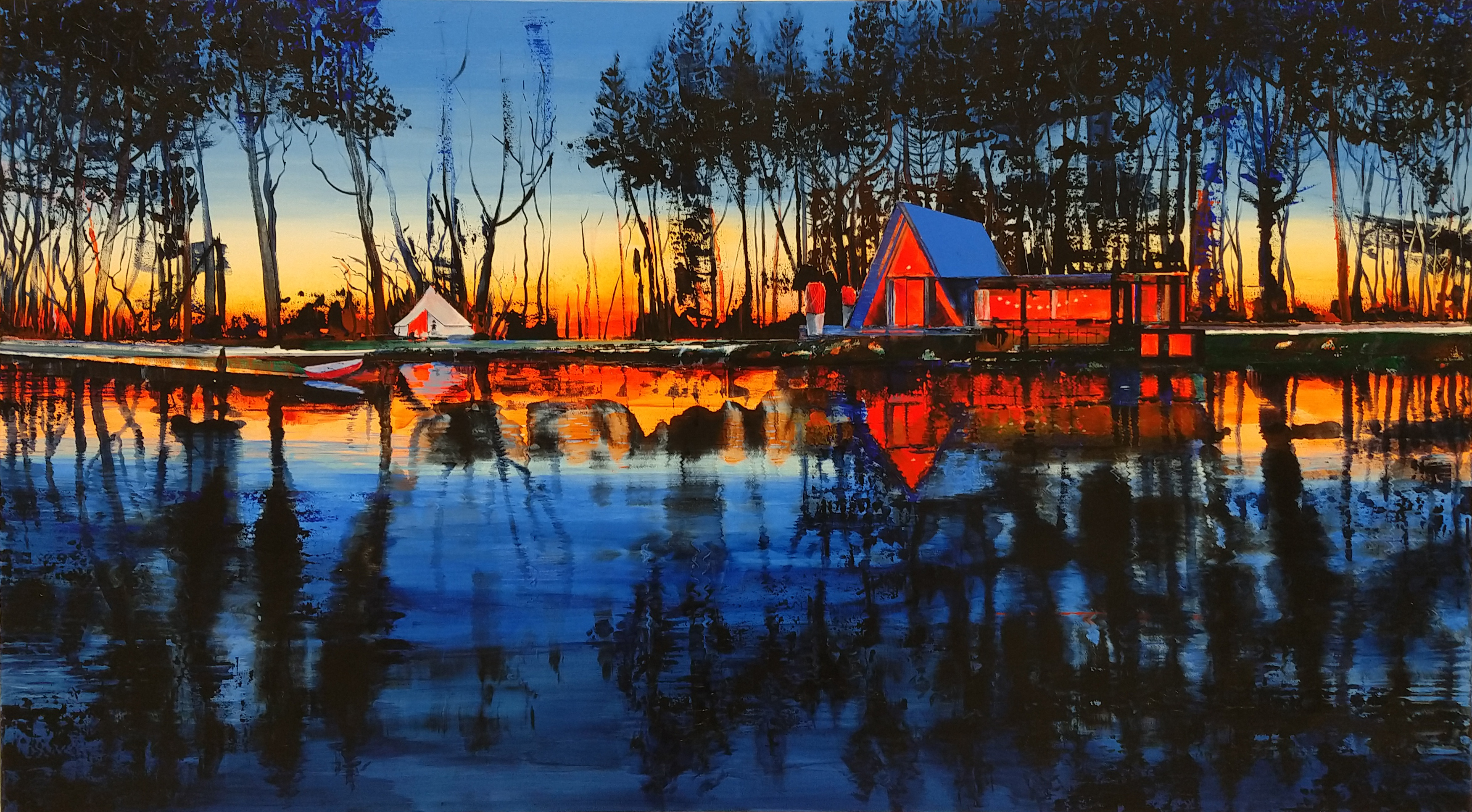 lakescape painting with house and sunset colours