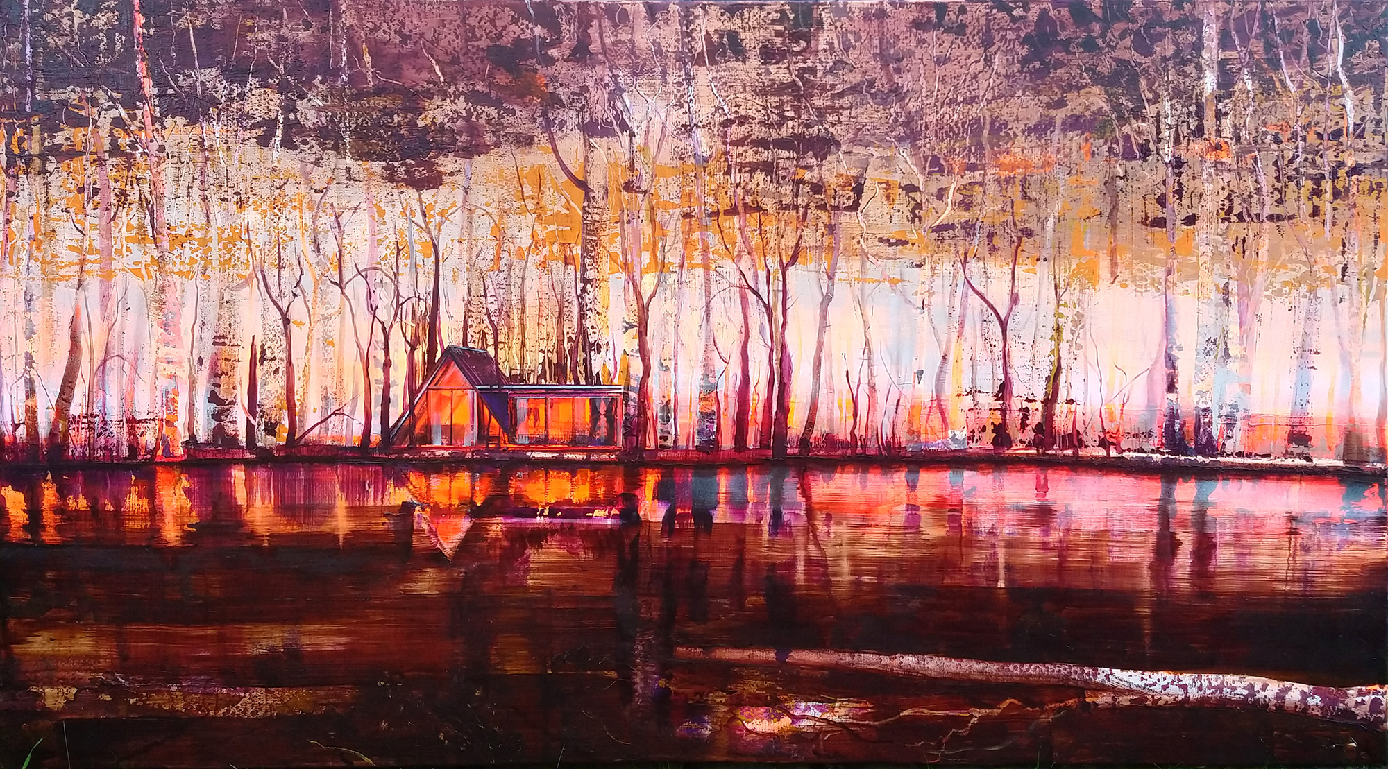 lakescape painting with lake house and autumn colours