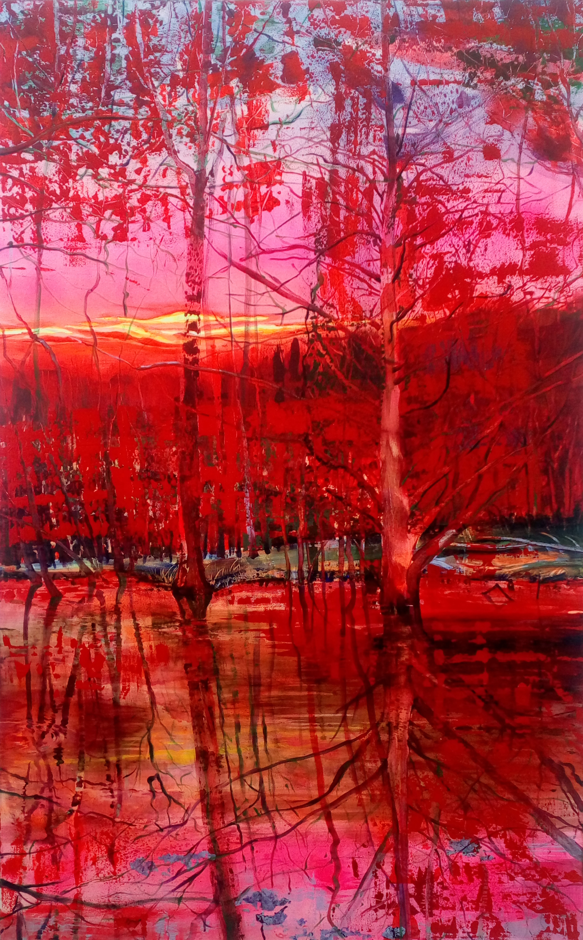 lakescape painting with sunrise colours and red trees