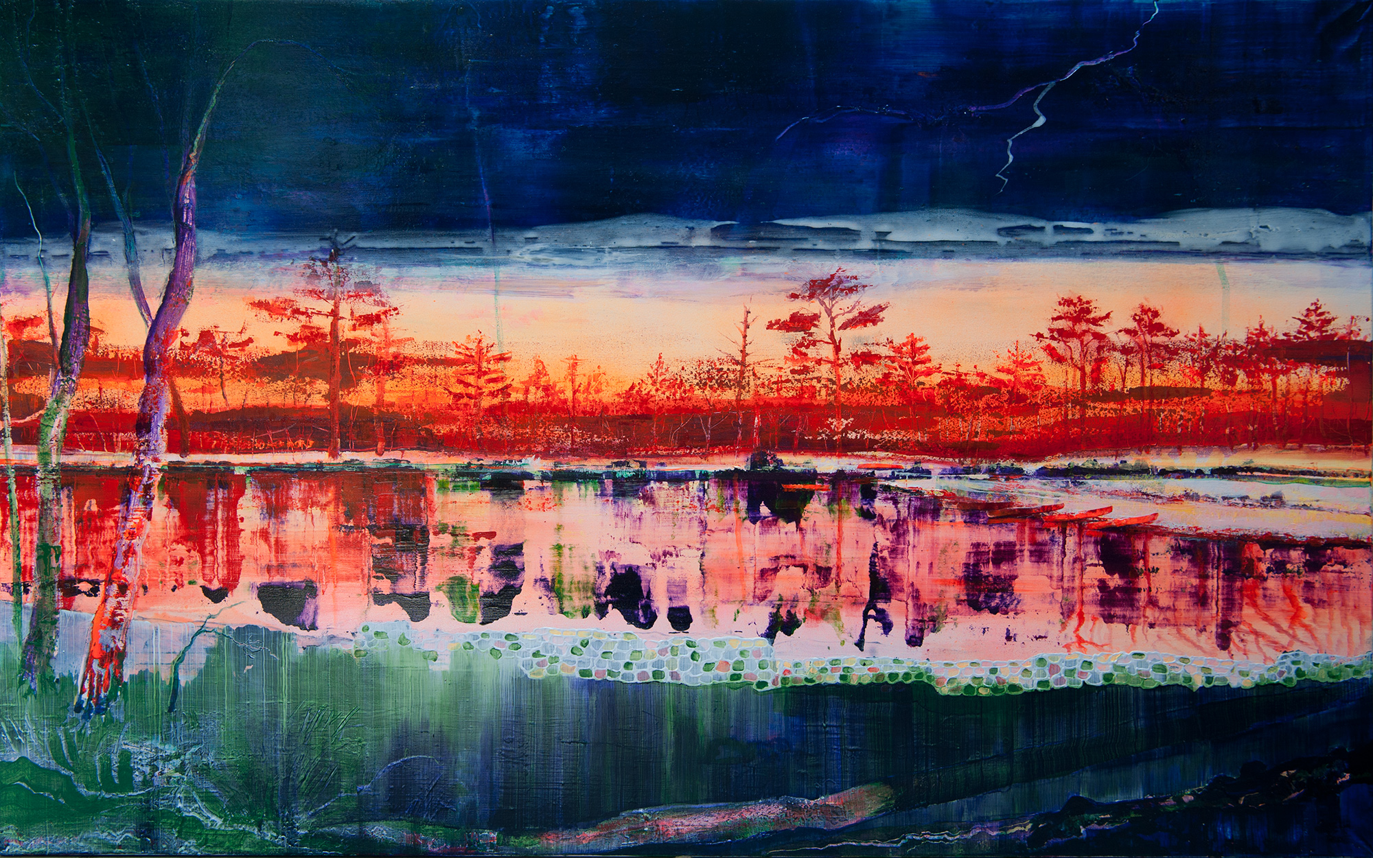 lakescape painting with abandoned caoes and lightning