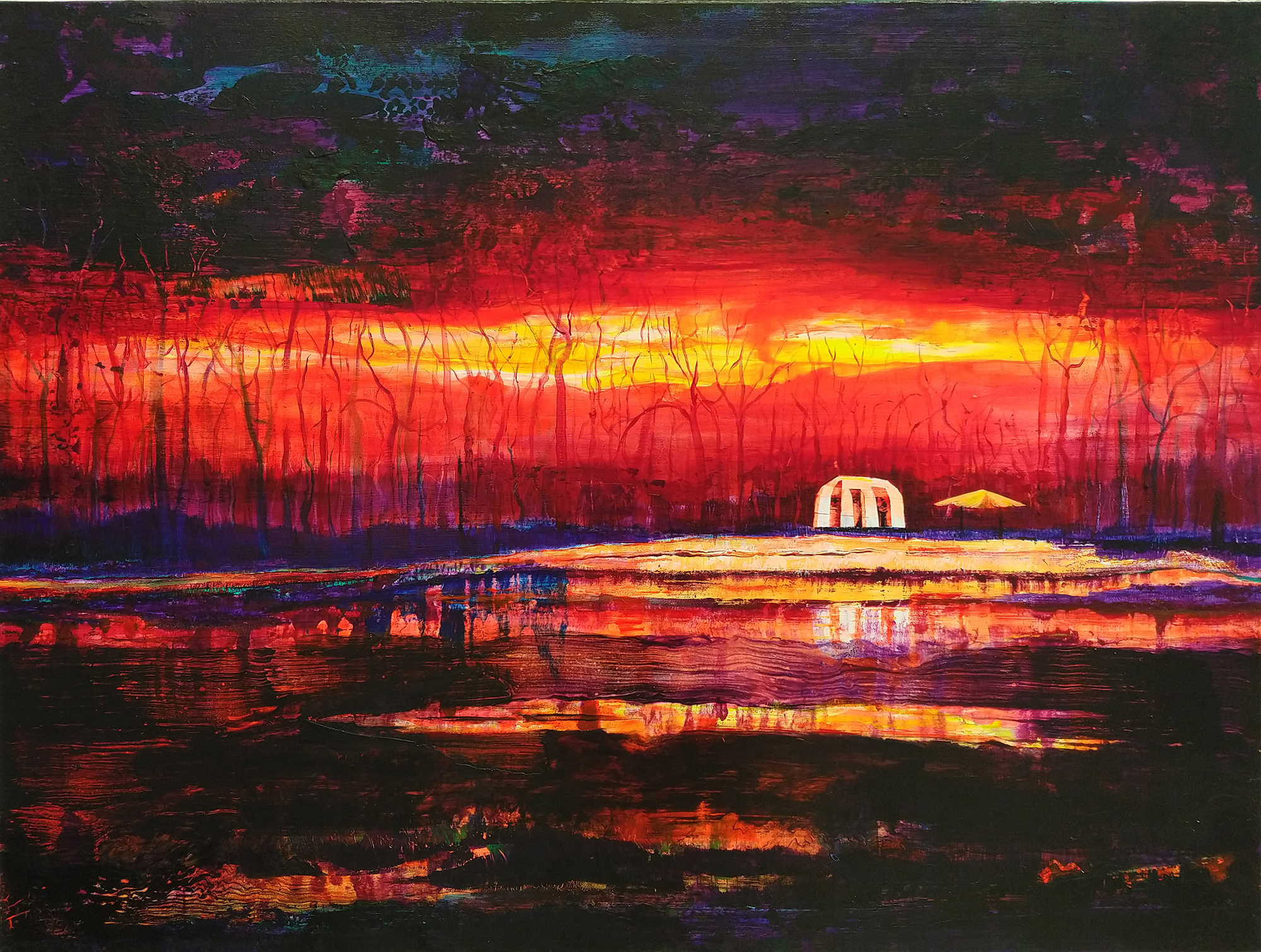 forest beach with luxury cabin and fiery colours