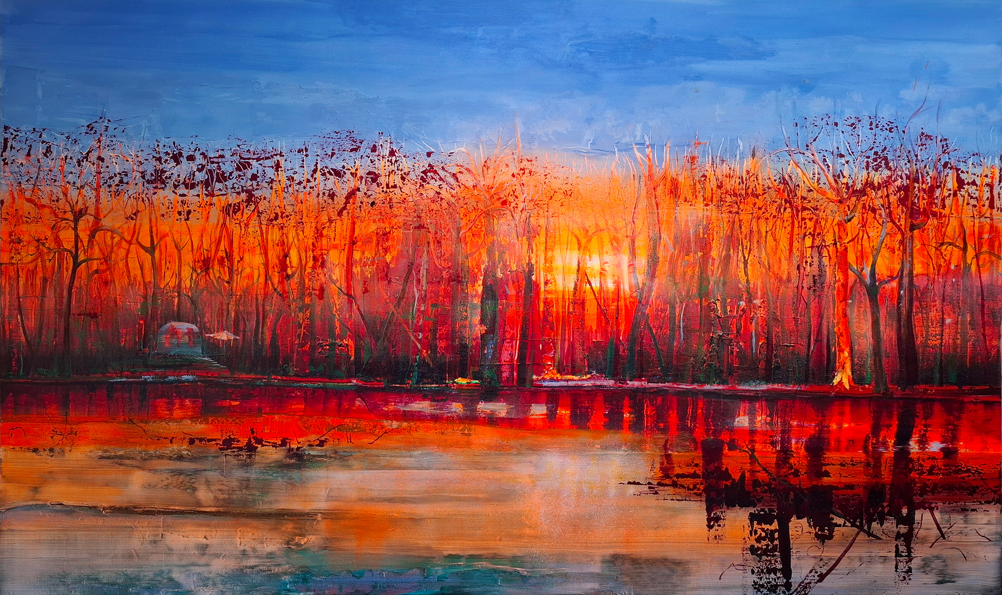 sunset forest beach with luxury cabin and fiery colours