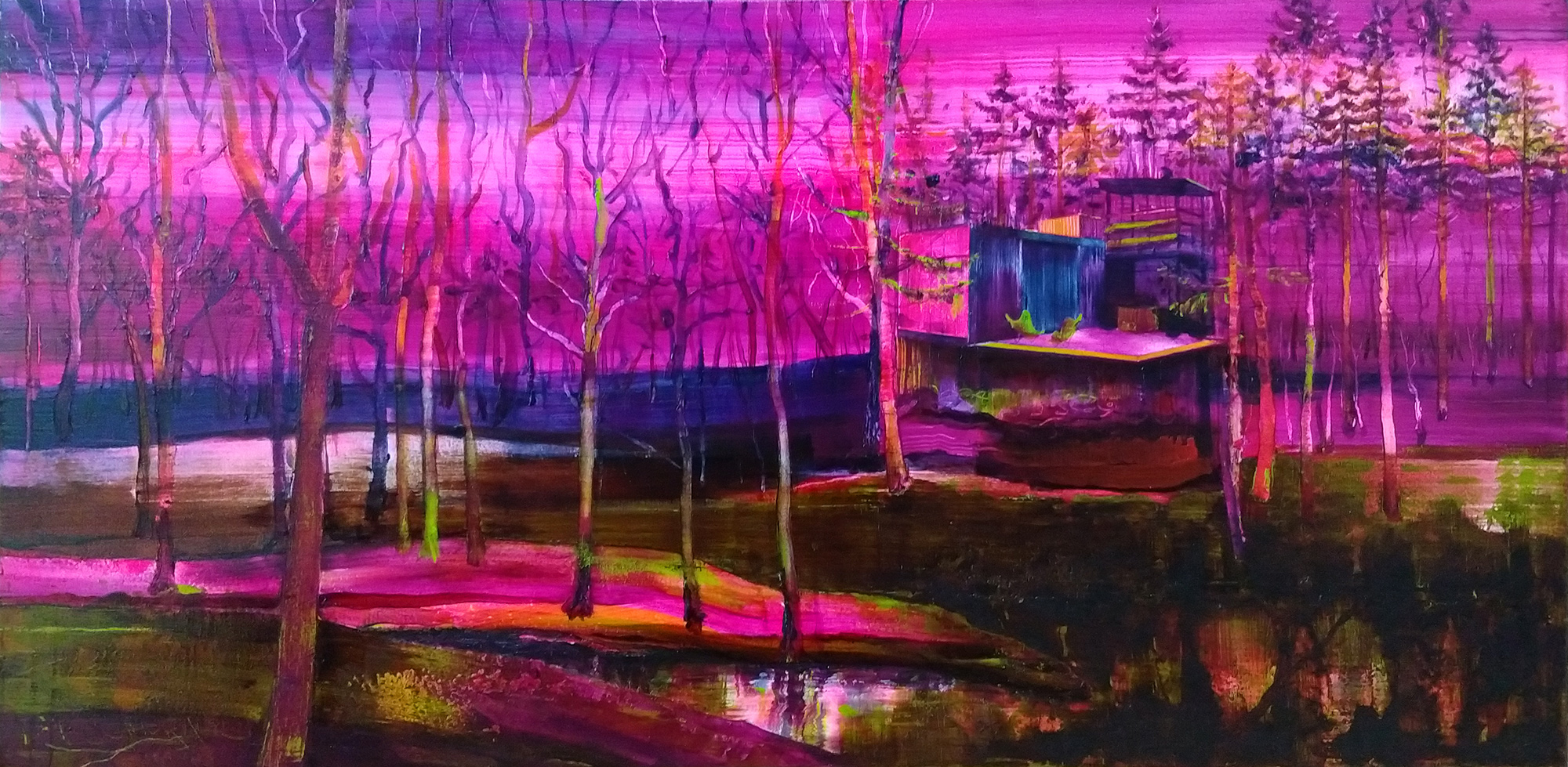 mixed forest river house with pink colours