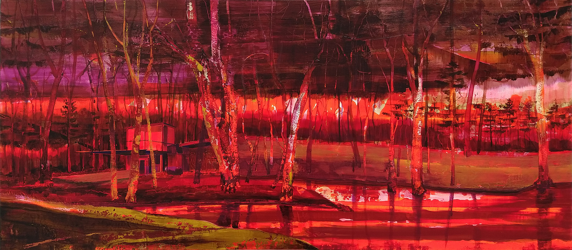 mixed forest river house with fiery colours