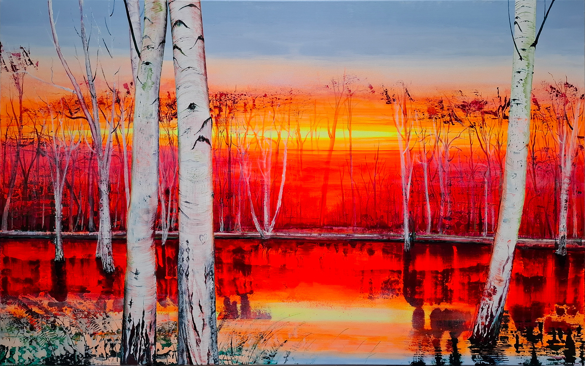 birch trees with reflections and fiery sunrise colours