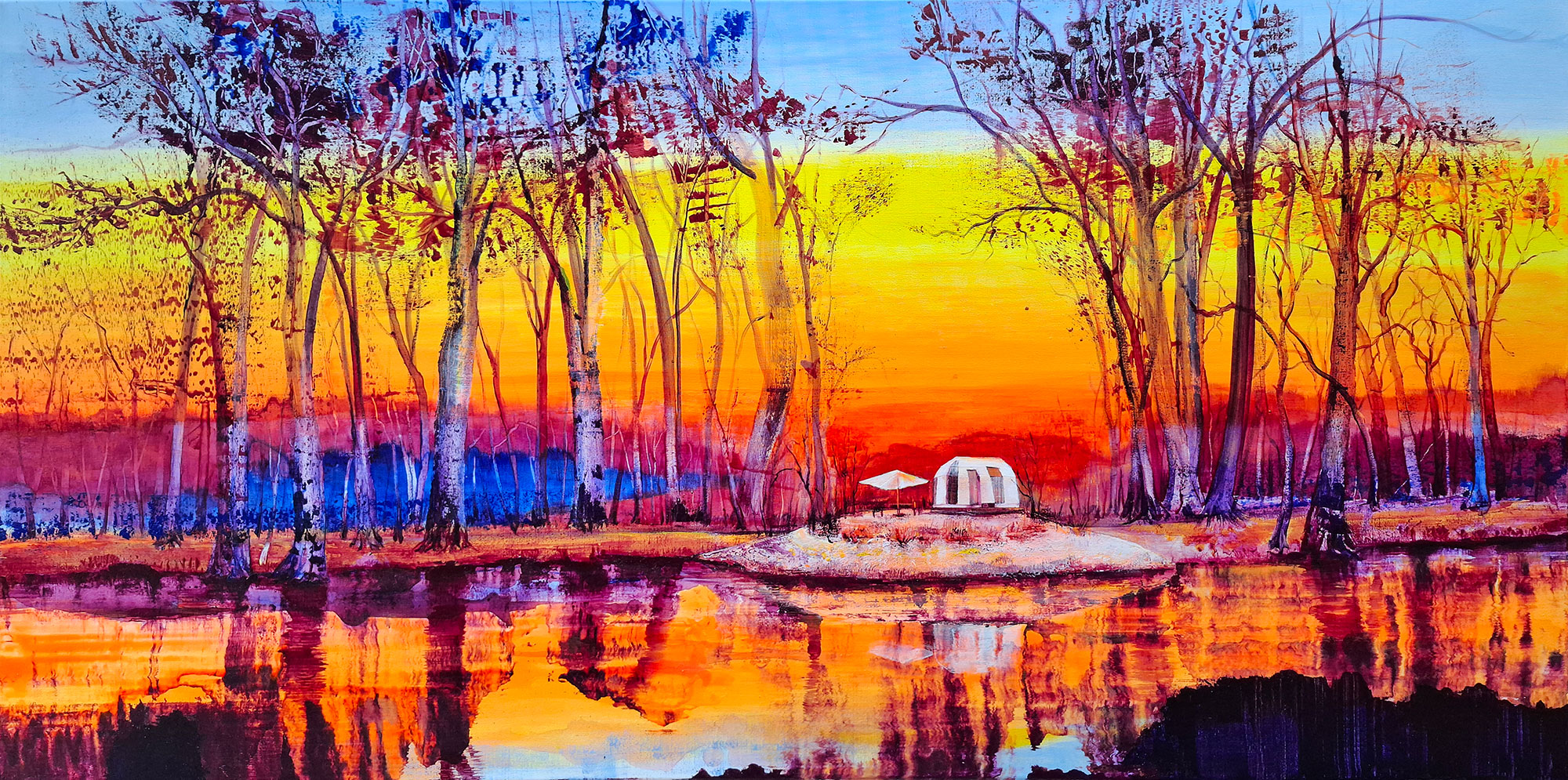 sunset forest beach with luxury cabin and fiery colours