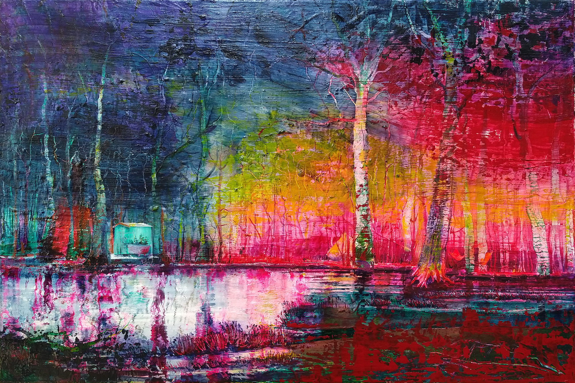lakescape painting with giant trees and bathtub
