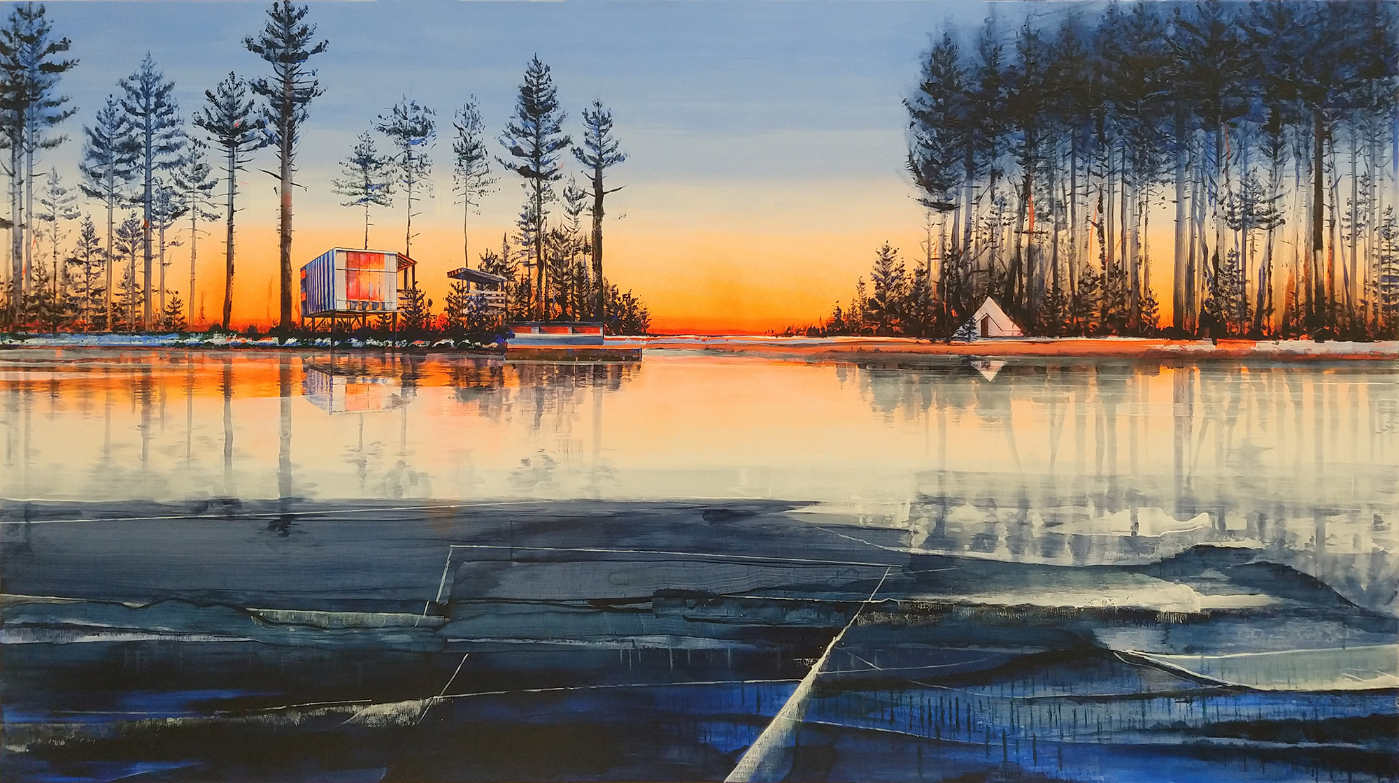 frozen lake lakescape painting with sunrise colours