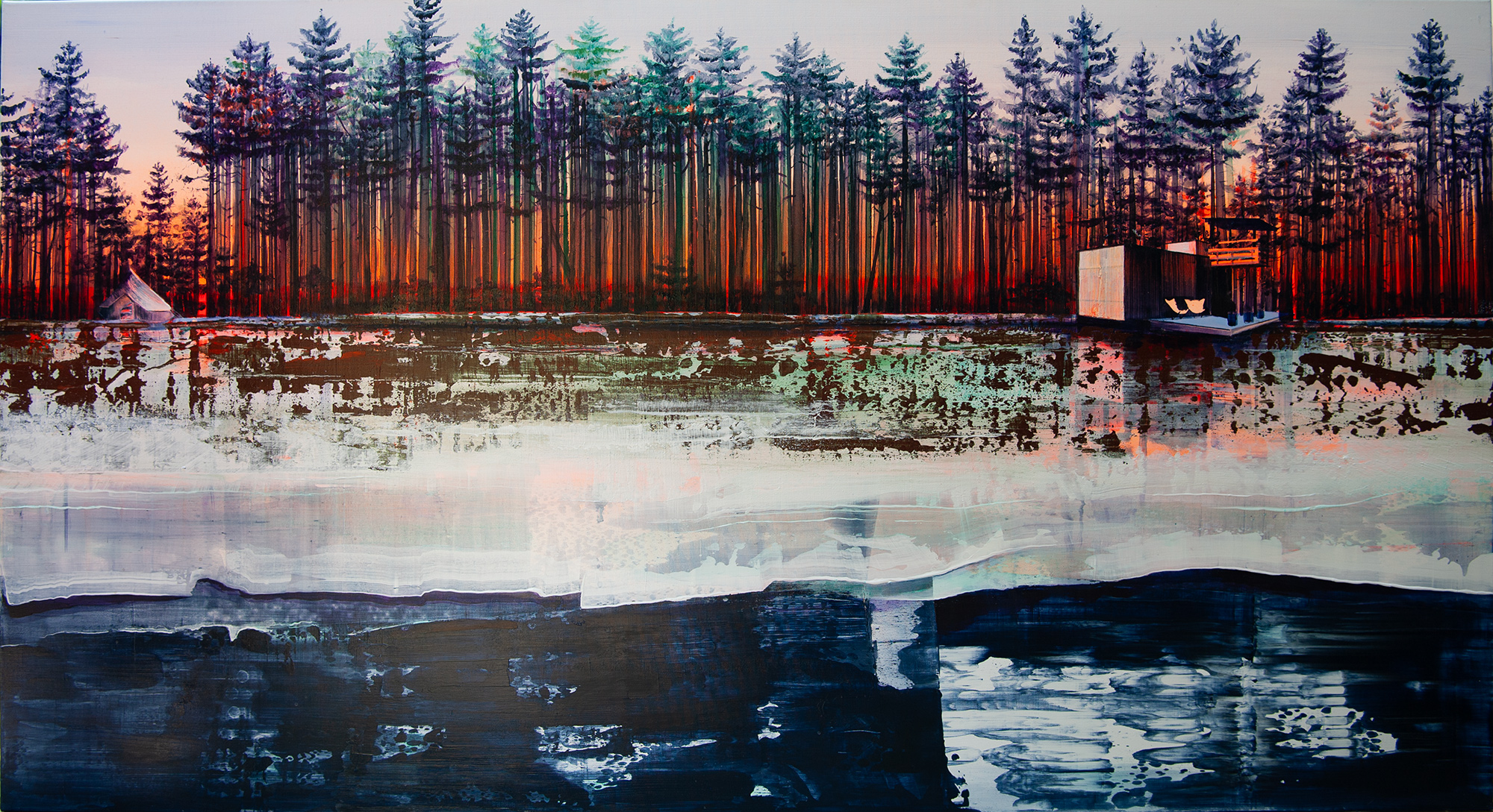 frozen lake lakescape painting with sunrise colours and treehouse