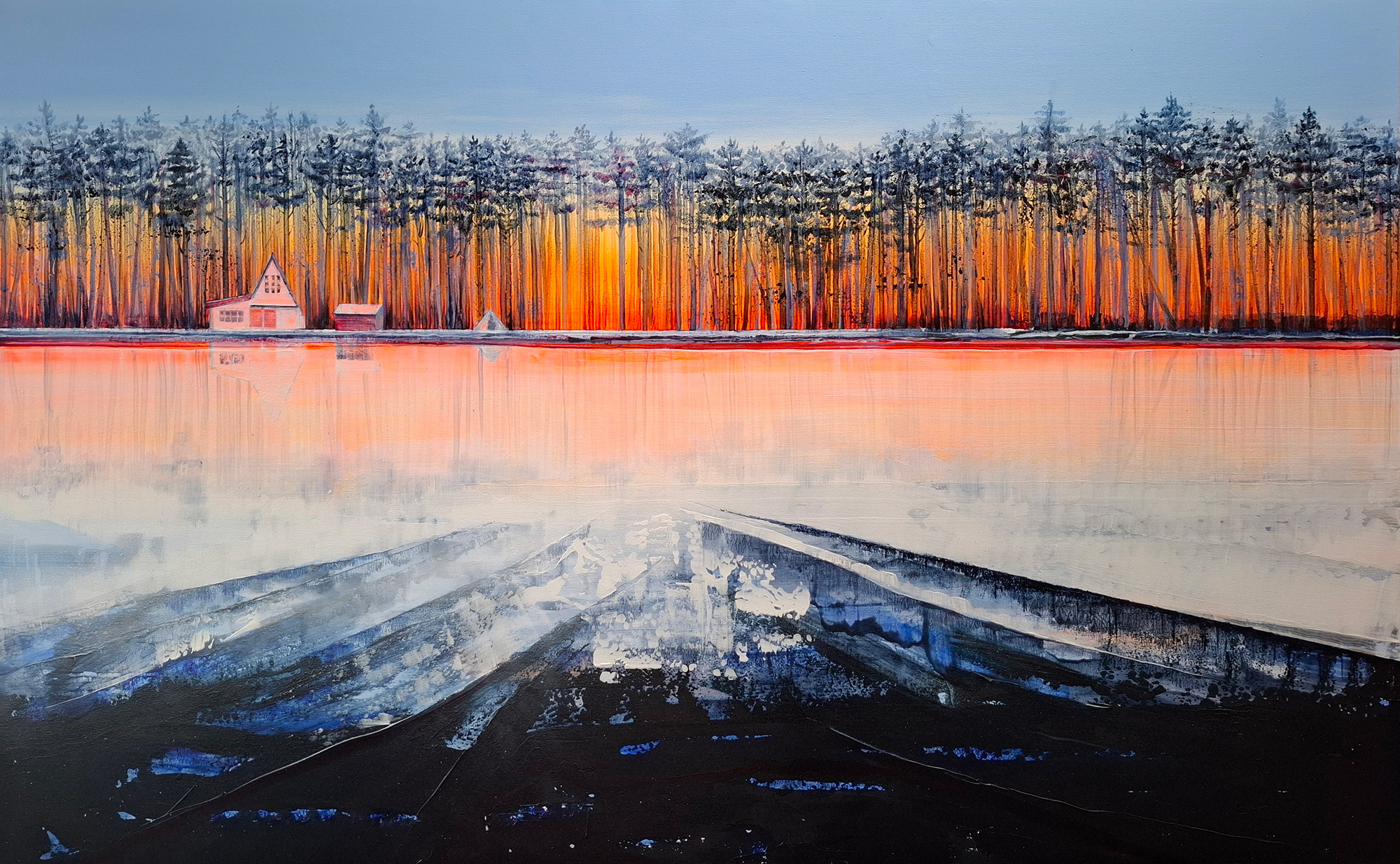 frozen lake lakescape painting with sunrise colours