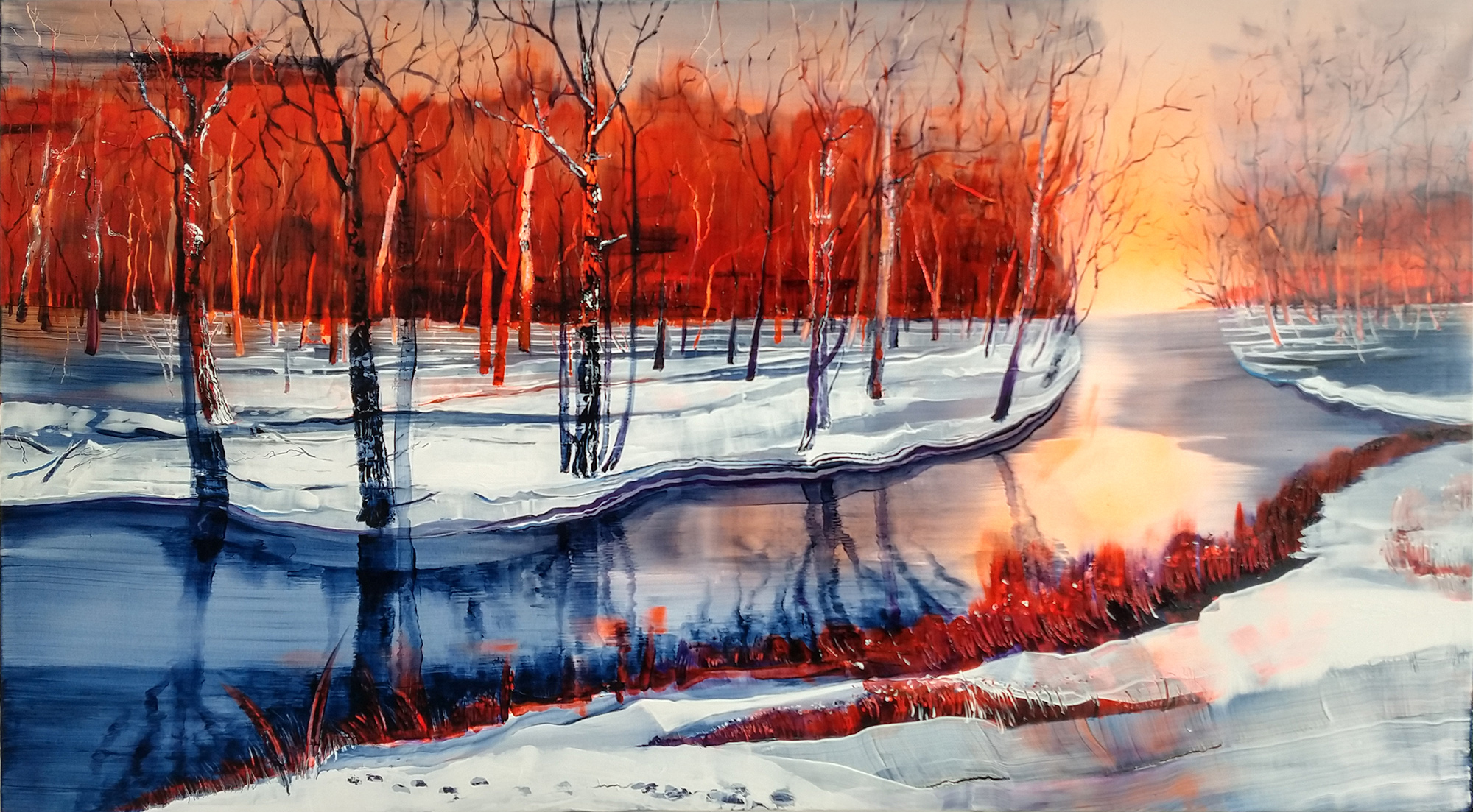 Melting snow lakescape painting with sunrise colours