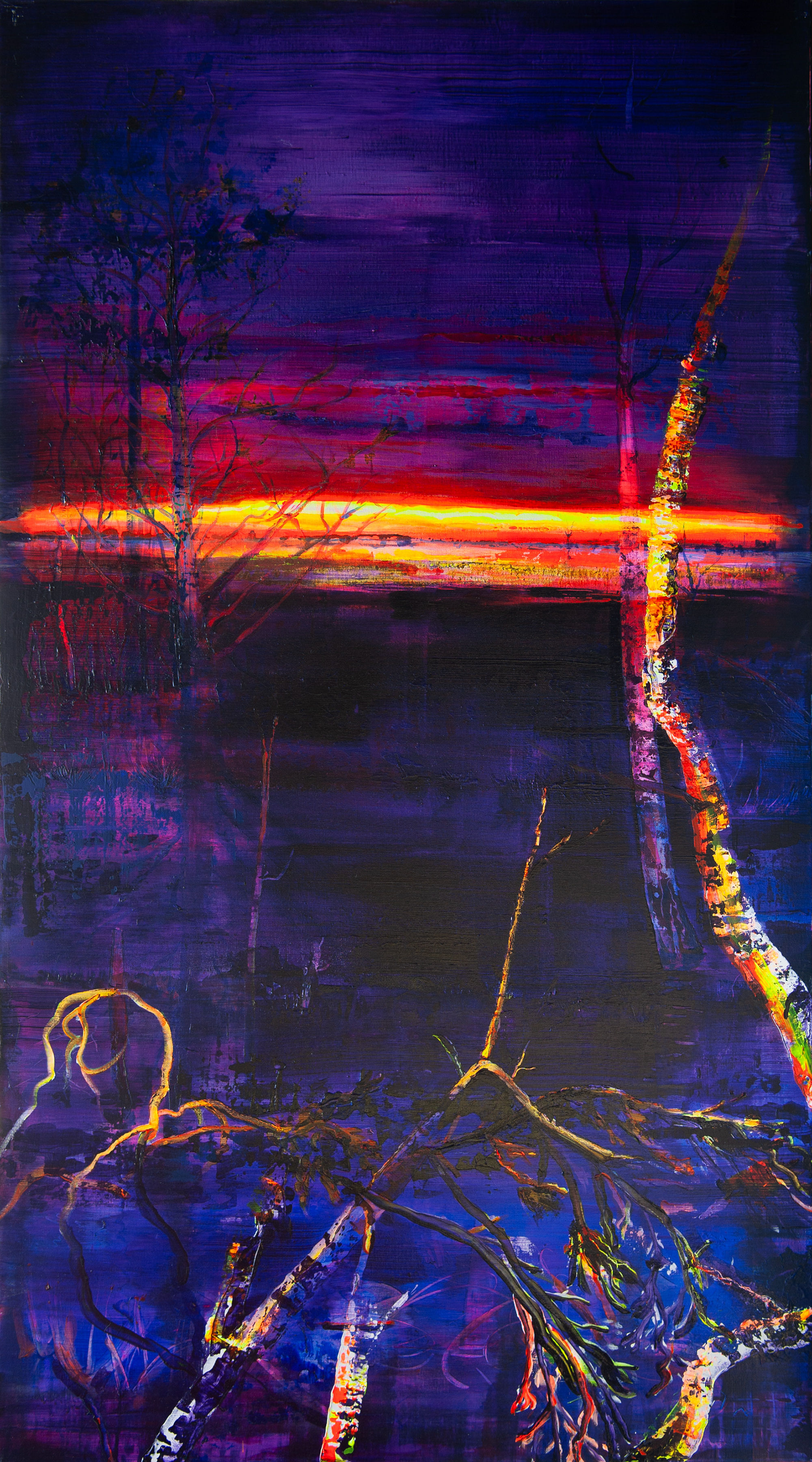 lakescape painting with sunset colours colours and lightning