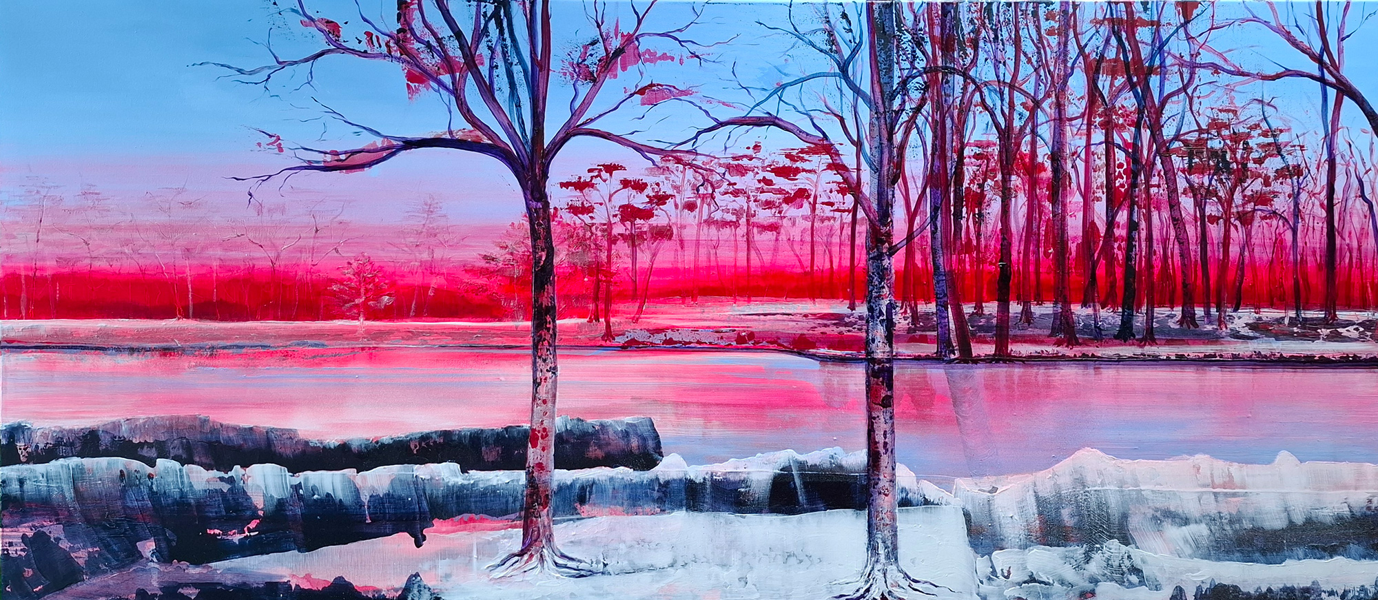 melting snow lakescape painting with sunrise colours